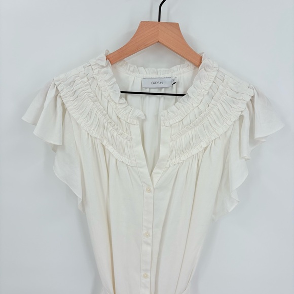 Greylin White Button Down Ruffle Tie Waist Dress Medium - Picture 7 of 8
